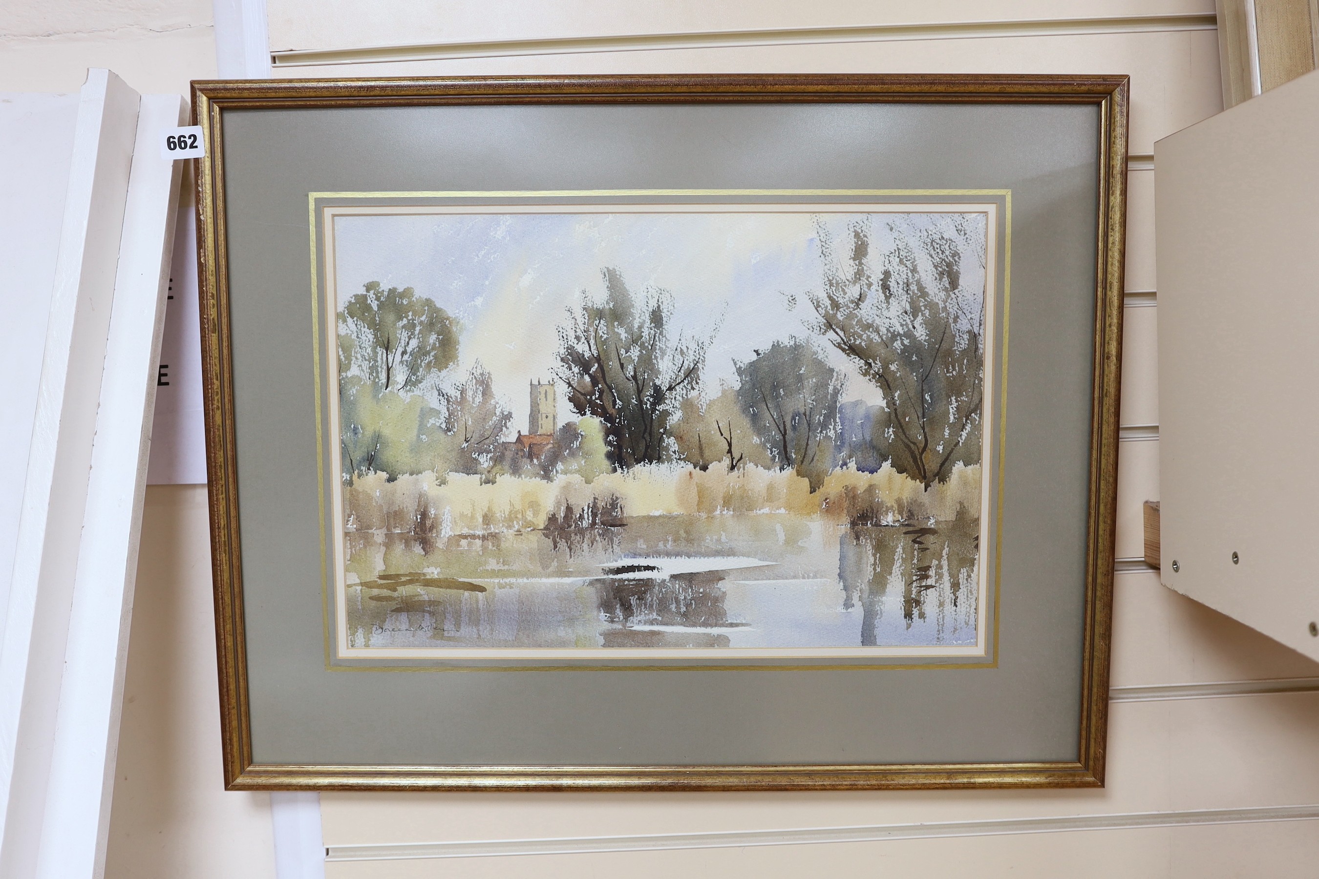 Doreen Allen [Mrs Ronald Crampton] (1916-2000), watercolour, 'Fishing Lake, Fakenham', signed, 32 x 47cm
